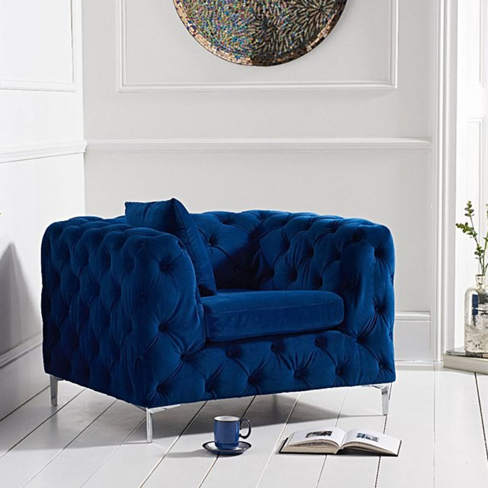 Aly Blue Plush Buttoned Armchair
