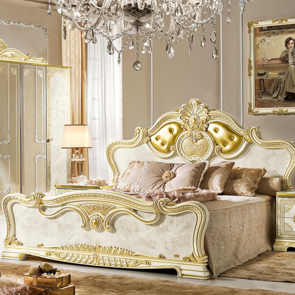 Varazze Ivory High Gloss & Gold Leaf Upholstered 5ft King Size Bed Frame