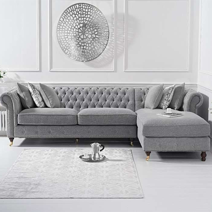 Fiona Grey Linen Studded Buttoned Chesterfield Corner Sofa Right-side Facing
