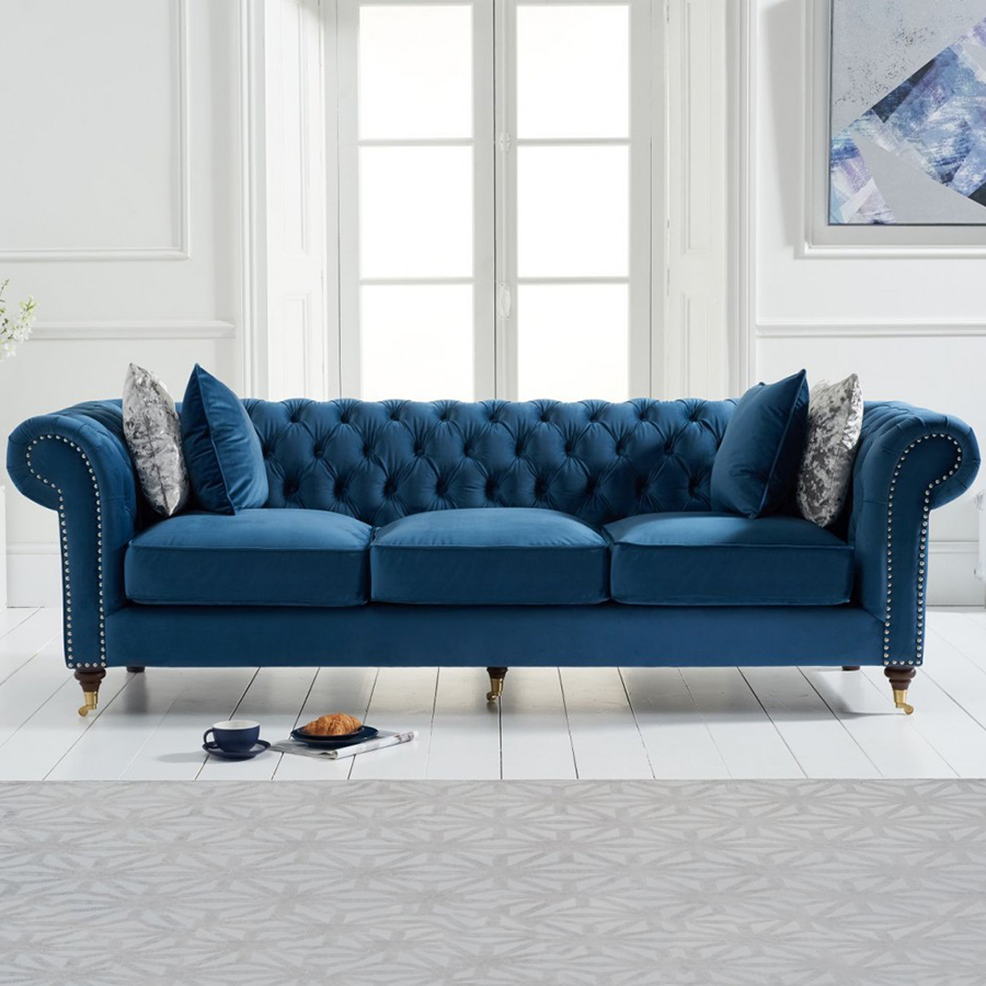 Camara Blue Velvet Buttoned Studded 3 Seater Chesterfield Sofa