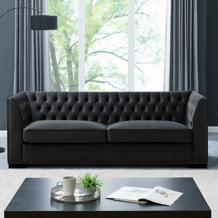 Chester Black Velvet Studded 3 Seater Sofa