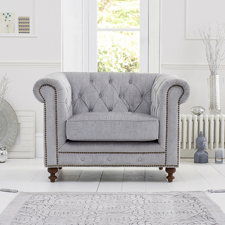 Montrose Grey Plush Studded Buttoned Chesterfield Armchair