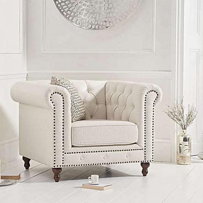 Montrose Ivory Linen Studded Buttoned Chesterfield Armchair