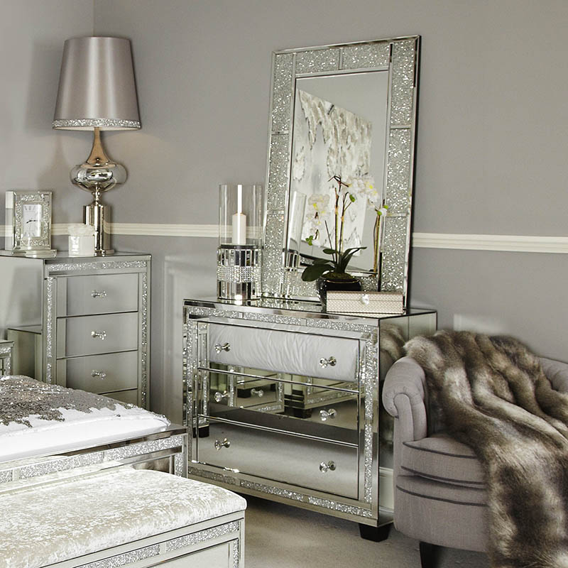 Madorra Mirrored Diamante 3 Drawer Chest of Drawers